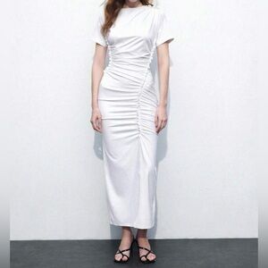 Maija women’s whit ruffle hem solid color short sleeve split side midi dress